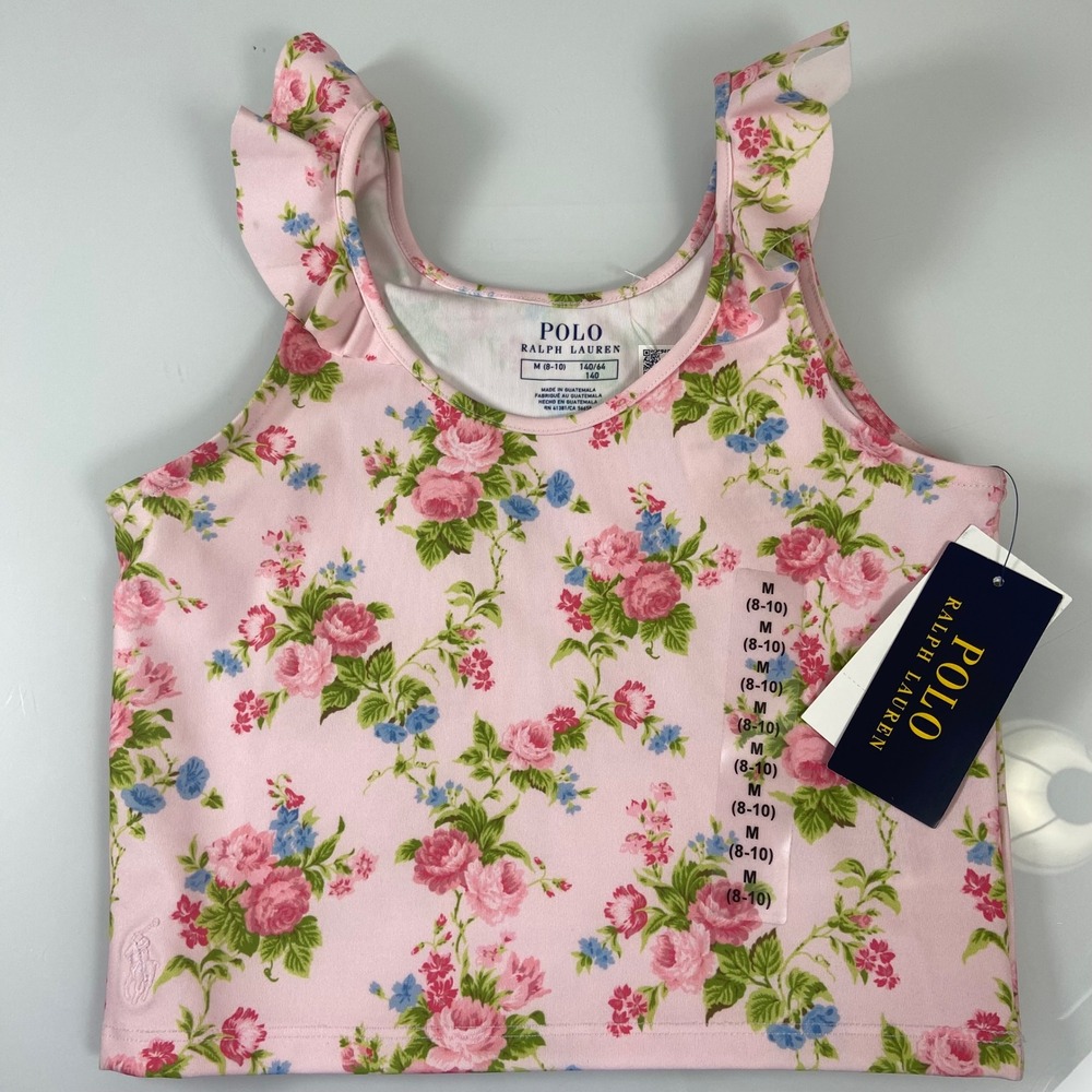 Polo Ralph Lauren Girl Floral Ruffle Sleeve Tank Top Pink Roses Size M(8-10) NEW